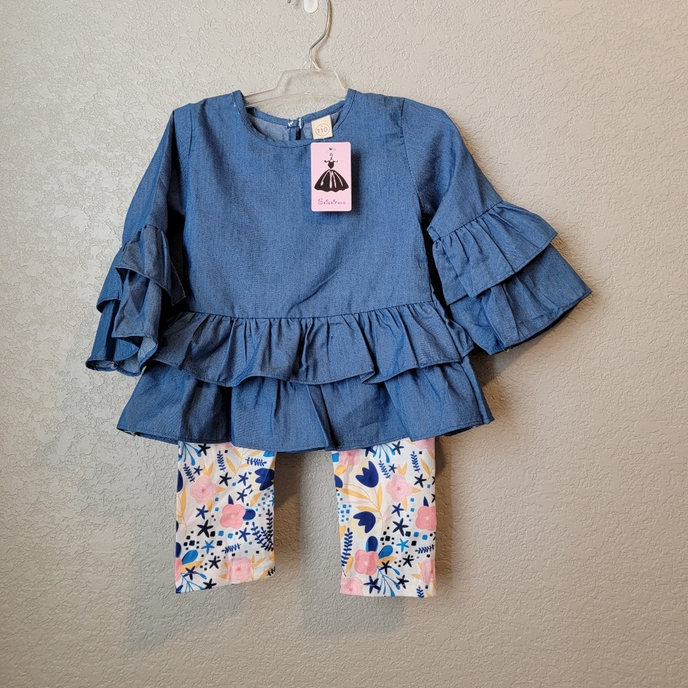 NWT Floral Leggings W/ Blue Long Sleeve Blouse